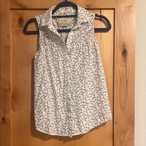 Sleeveless Button Down with Blue Floral Pattern